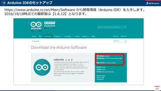 Arduino IDEのセットアップ
69
https://www.arduino.cc/en/Main/Software から開発環境（Arduino IDE）を入手します。
2016/10/18時点での最新版は【1.6.12】となります。
 