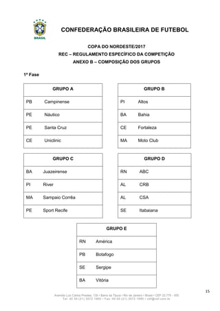 CONFEDERAÇÃO BRASILEIRA DE FUTEBOL
15
Avenida Luiz Carlos Prestes, 130 • Barra da Tijuca • Rio de Janeiro • Brasil • CEP 22.775 - 055
Tel: 00 55 (21) 3572 1900 • Fax: 00 55 (21) 3572 1990 • cbf@cbf.com.br
COPA DO NORDESTE/2017
REC – REGULAMENTO ESPECÍFICO DA COMPETIÇÃO
ANEXO B – COMPOSIÇÃO DOS GRUPOS
1ª Fase
GRUPO A GRUPO B
PB Campinense PI Altos
PE Náutico BA Bahia
PE Santa Cruz CE Fortaleza
CE Uniclinic MA Moto Club
GRUPO C GRUPO D
BA Juazeirense RN ABC
PI River AL CRB
MA Sampaio Corrêa AL CSA
PE Sport Recife SE Itabaiana
GRUPO E
RN América
PB Botafogo
SE Sergipe
BA Vitória
 