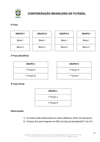 CONFEDERAÇÃO BRASILEIRA DE FUTEBOL
16
Avenida Luiz Carlos Prestes, 130 • Barra da Tijuca • Rio de Janeiro • Brasil • CEP 22.775 - 055
Tel: 00 55 (21) 3572 1900 • Fax: 00 55 (21) 3572 1990 • cbf@cbf.com.br
2ª Fase
GRUPO F GRUPO G GRUPO H GRUPO I
Bloco I Bloco I Bloco I Bloco I
Bloco II Bloco II Bloco II Bloco II
3ª Fase (Semifinal)
GRUPO J GRUPO K
1º Grupo F 1º Grupo H
1º Grupo G 1º Grupo I
4ª Fase (Final)
GRUPO L
1º Grupo J
1º Grupo K
Observações:
1) Os clubes estão relacionados em ordem alfabética, dentro de cada grupo;
2) O Anexo B é parte integrante do REC da Copa do Nordeste/2017 (Art. 8º).
 