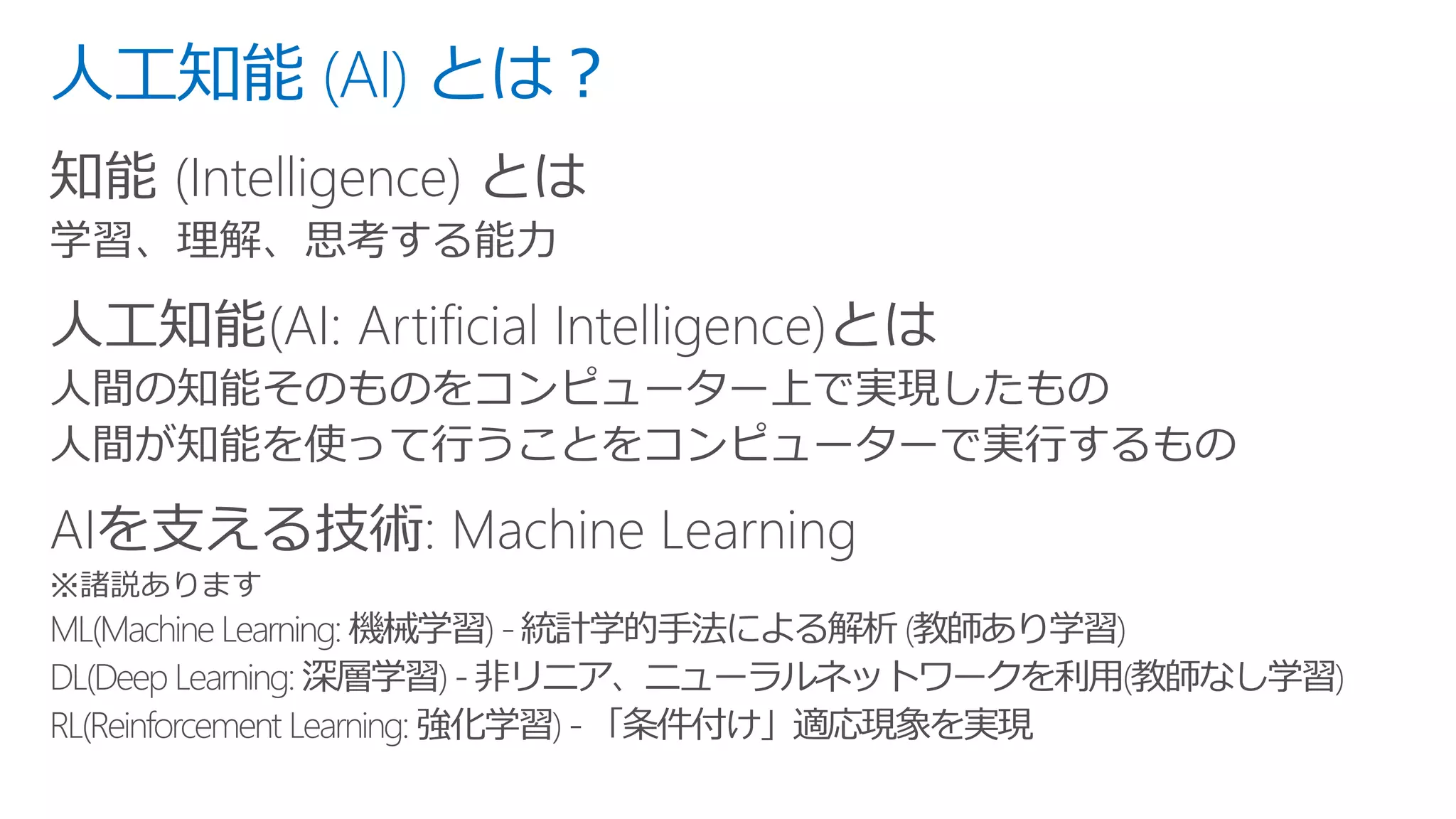 人工知能 (AI) とは？
知能 (Intelligence) とは
人工知能(AI: Artificial Intelligence)とは
AIを支える技術: Machine Learning
 