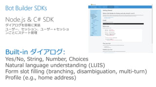 Bot Builder SDKs
Node.js & C# SDK
 