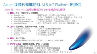 12
Azure は最も先進的な AI & IoT Platform を提供
Azure は、AI & IoT に必要な機能スタックを統合的に提供
 基本：スケーラビリティと信頼性
 Azure IoT Hub ：数百万イベント/秒を受け入れられるキャパシティ
 Azure Data Lake ：エクサバイト超のスケーラブルな HDFS ストレージサービス
 Azure HDInsight & Spark ：Hadoop によるスケーラブルなデータ処理
 Azure SQL Data Warehouse ：ペタバイト級のスケーラブルな RDB DWH サービス
 Azure Data Factory ：スケーラブルなワークフローエンジン、情報生成ツール
 コア：自動検知、自動判断･予測、可視化
 Azure Stream Analytics ：リアルタイム集計や特異点検知
 Azure Machine Learning ：人工知能コア プラットフォーム
 Cognitive Services ：人工知能サービス API 群
 Power BI ：データのビジュアル化
 優位：低いコスト
 Azure は世界最大のクラウドサービスの１つ。AWS よりも低い費用
 クリティカル：信頼と継続性、グローバル対応
 ４０年に渡るエンタープライズ ビジネスの経験
 年間１兆円の研究開発投資、５年間で１兆５千億円の設備投資
 世界 26 地域、100 ヶ所以上のデータセンターでサービス展開
 サイバー攻撃に対する高度な防御機能を備えた DC とサイバークライム センター
 