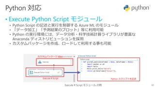 60
Python 対応
• Execute Python Script モジュール
• Python Script の記述と実行を制御する Azure ML のモジュール
• 「データ加工」「予測結果のプロット」等に利用可能
• Python の実行環境には、データ分析・科学技術計算ライブラリが豊富な
Anaconda ディストリビューションを採用
• カスタムパッケージを作成、ロードして利用する事も可能
Execute R Script モジュール の例
カスタムパッケージ (Zip)
Execute R Script Python スクリプトを記述
 