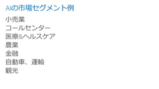 AIの市場セグメント例
小売業
コールセンター
医療&ヘルスケア
農業
金融
自動車、運輸
観光
 