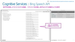 Cognitive Services：Bing Speech API
音声を認識しテキスト化する機能、テキストを認識し音声出力する機能などを提供
https://www.microsoft.com/cognitive-services/en-us/speech-api
話している内容を
自動的にテキスト化
 