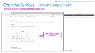 Cognitive Services：Linguistic Analysis API
自然言語処理の為の高度な言語解析機能を提供
https://www.microsoft.com/cognitive-services/en-us/linguistic-analysis-api
文章の構造と品詞を
自動認識
 