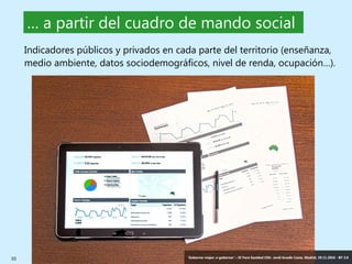 33 ‘Gobernar mejor: e-gobernar’ – IV Foro Sanidad CEG- Jordi Graells Costa. Madrid, 29.11.2016 - BY 3.0
Indicadores públicos y privados en cada parte del territorio (enseñanza,
medio ambiente, datos sociodemográficos, nivel de renda, ocupación…).
… a partir del cuadro de mando social
‘Gobernar mejor: e-gobernar’ – IV Foro Sanidad CEG- Jordi Graells Costa. Madrid, 29.11.2016 - BY 3.0
 