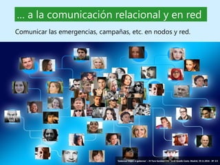 40 ‘Gobernar mejor: e-gobernar’ – IV Foro Sanidad CEG- Jordi Graells Costa. Madrid, 29.11.2016 - BY 3.0
… a la comunicación relacional y en red
‘Gobernar mejor: e-gobernar’ – IV Foro Sanidad CEG- Jordi Graells Costa. Madrid, 29.11.2016 - BY 3.0
Comunicar las emergencias, campañas, etc. en nodos y red.
 