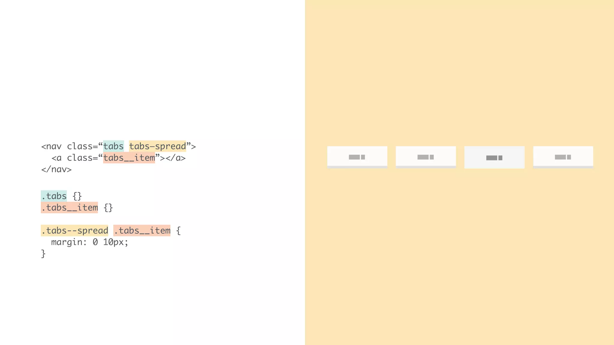 Tab 1 Tab 2 Tab 4Tab 1
<nav class=“tabs tabs—spread”>
<a class=“tabs__item”></a>
</nav>
.tabs {}
.tabs__item {}
.tabs--spread .tabs__item {
margin: 0 10px;
}
 