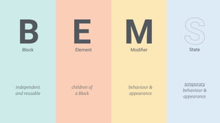 BBlock Element
E Modiﬁer State
M
independent
and reusable
children of  
a Block
behaviour &
appearance
temporary
behaviour &
appearance
 