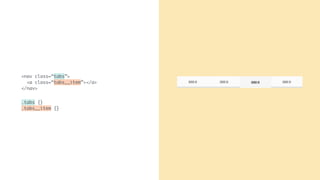 Tab 1 Tab 2 Tab 4Tab 1
<nav class=“tabs”>
<a class=“tabs__item”></a>
</nav>
.tabs {}
.tabs__item {}
 