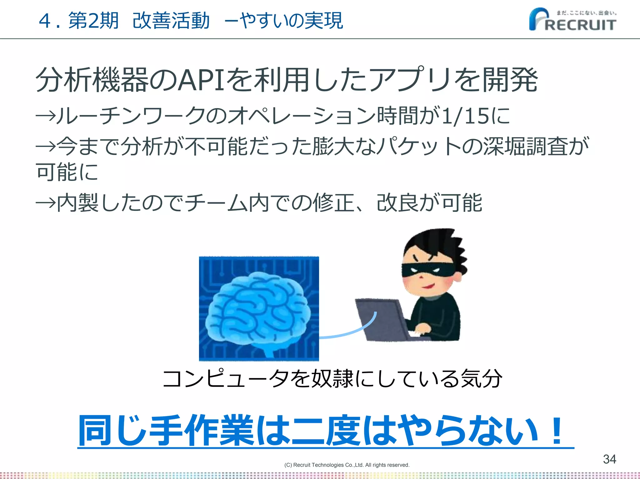 (C) Recruit Technologies Co.,Ltd. All rights reserved.
４. 第2期 改善活動 ーやすいの実現
分析機器のAPIを利用したアプリを開発
→ルーチンワークのオペレーション時間が1/15に
→今まで分析が不可能だった膨大なパケットの深堀調査が
可能に
→内製したのでチーム内での修正、改良が可能
34
コンピュータを奴隷にしている気分
同じ手作業は二度はやらない！
 