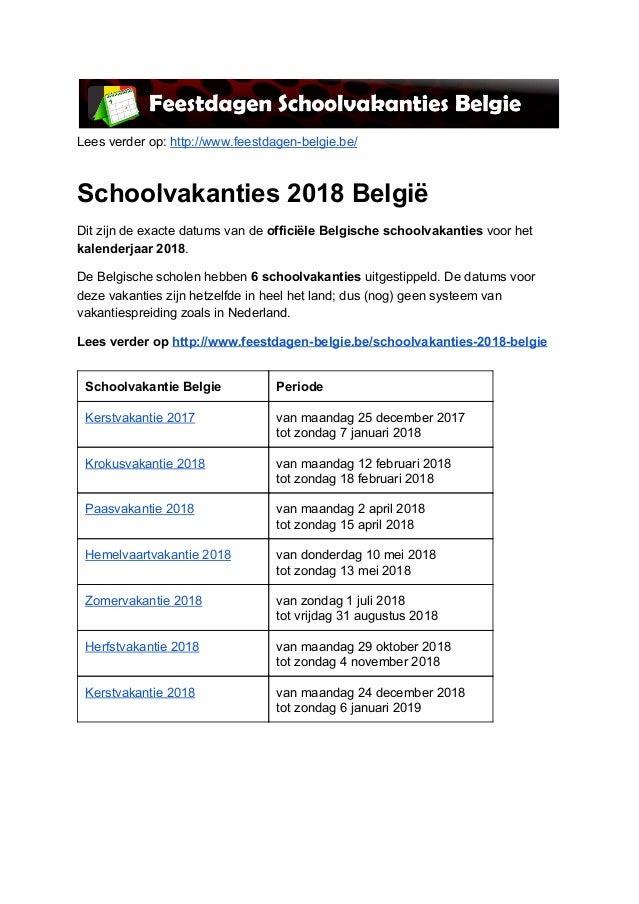 Echt niet Componeren bladeren Schoolvakanties 2018 Belgie - Exacte datums op kalender