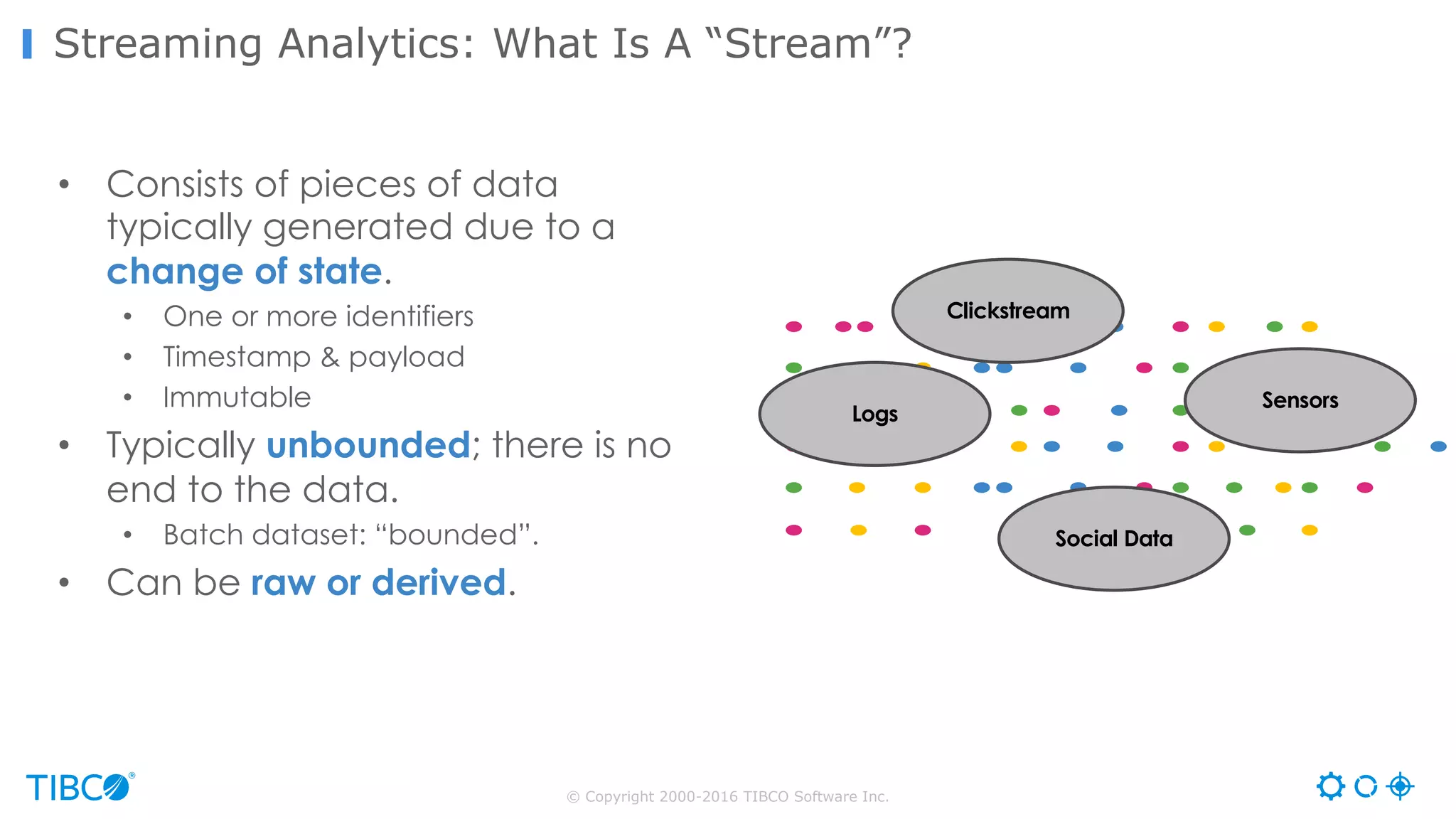 © Copyright 2000-2016 TIBCO Software Inc.
Streaming Analytics: What Is A “Stream”?
Clickstream
Sensors
Social Data
Logs
• Consists of pieces of data
typically generated due to a
change of state.
• One or more identifiers
• Timestamp & payload
• Immutable
• Typically unbounded; there is no
end to the data.
• Batch dataset: “bounded”.
• Can be raw or derived.
 