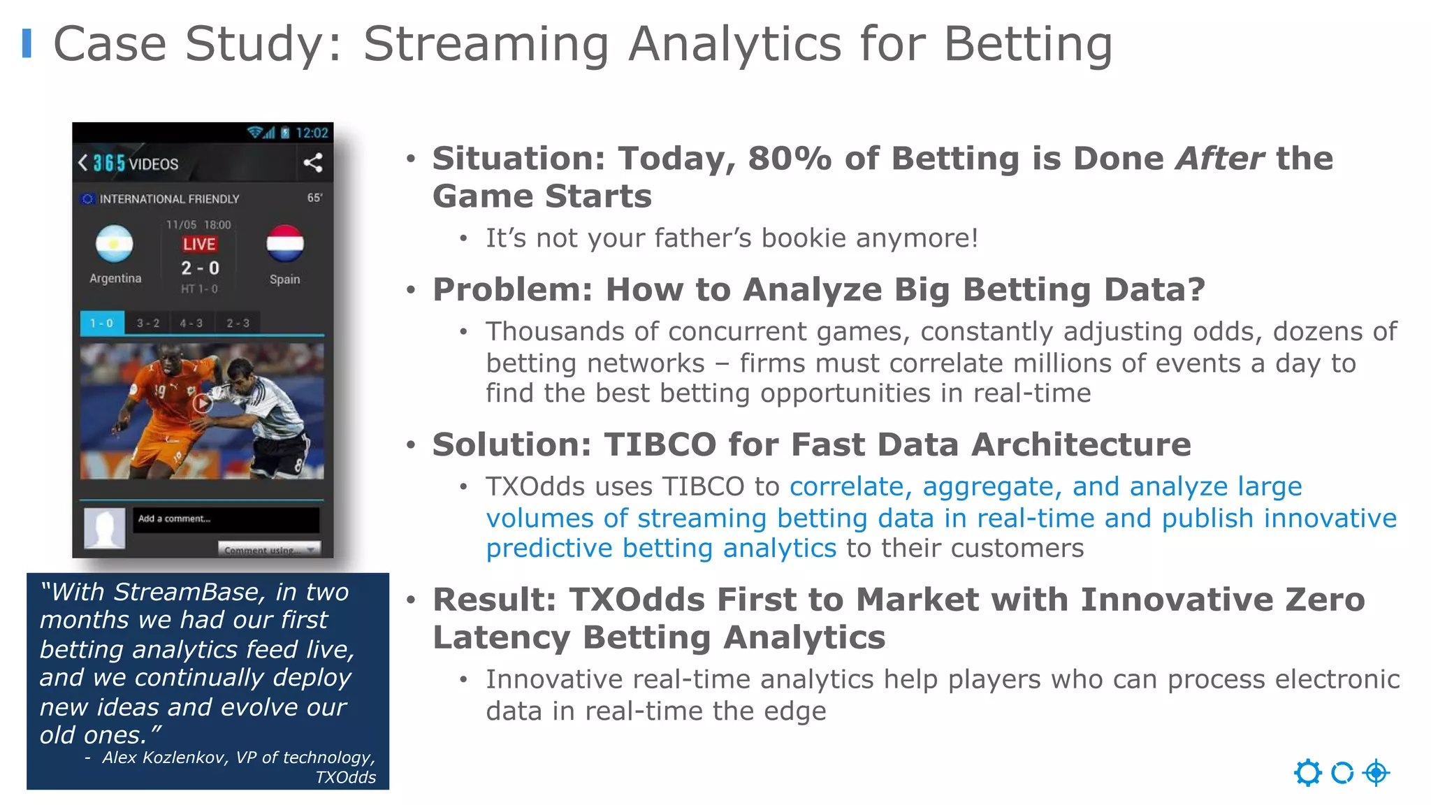 Case Study: Streaming Analytics for Betting
• Situation: Today, 80% of Betting is Done After the
Game Starts
• It’s not your father’s bookie anymore!
• Problem: How to Analyze Big Betting Data?
• Thousands of concurrent games, constantly adjusting odds, dozens of
betting networks – firms must correlate millions of events a day to
find the best betting opportunities in real-time
• Solution: TIBCO for Fast Data Architecture
• TXOdds uses TIBCO to correlate, aggregate, and analyze large
volumes of streaming betting data in real-time and publish innovative
predictive betting analytics to their customers
• Result: TXOdds First to Market with Innovative Zero
Latency Betting Analytics
• Innovative real-time analytics help players who can process electronic
data in real-time the edge
“With StreamBase, in two
months we had our first
betting analytics feed live,
and we continually deploy
new ideas and evolve our
old ones.”
- Alex Kozlenkov, VP of technology,
TXOdds
 