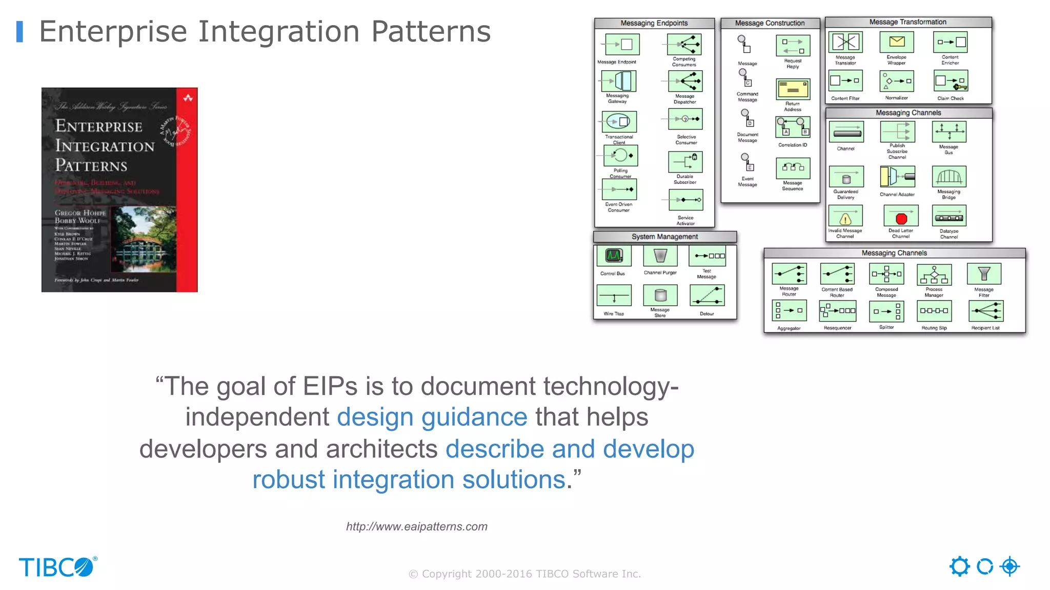 © Copyright 2000-2016 TIBCO Software Inc. Enterprise Integration Patterns “The goal of EIPs is to document technology- independent design guidance that helps developers and architects describe and develop robust integration solutions.” http://www.eaipatterns.com 