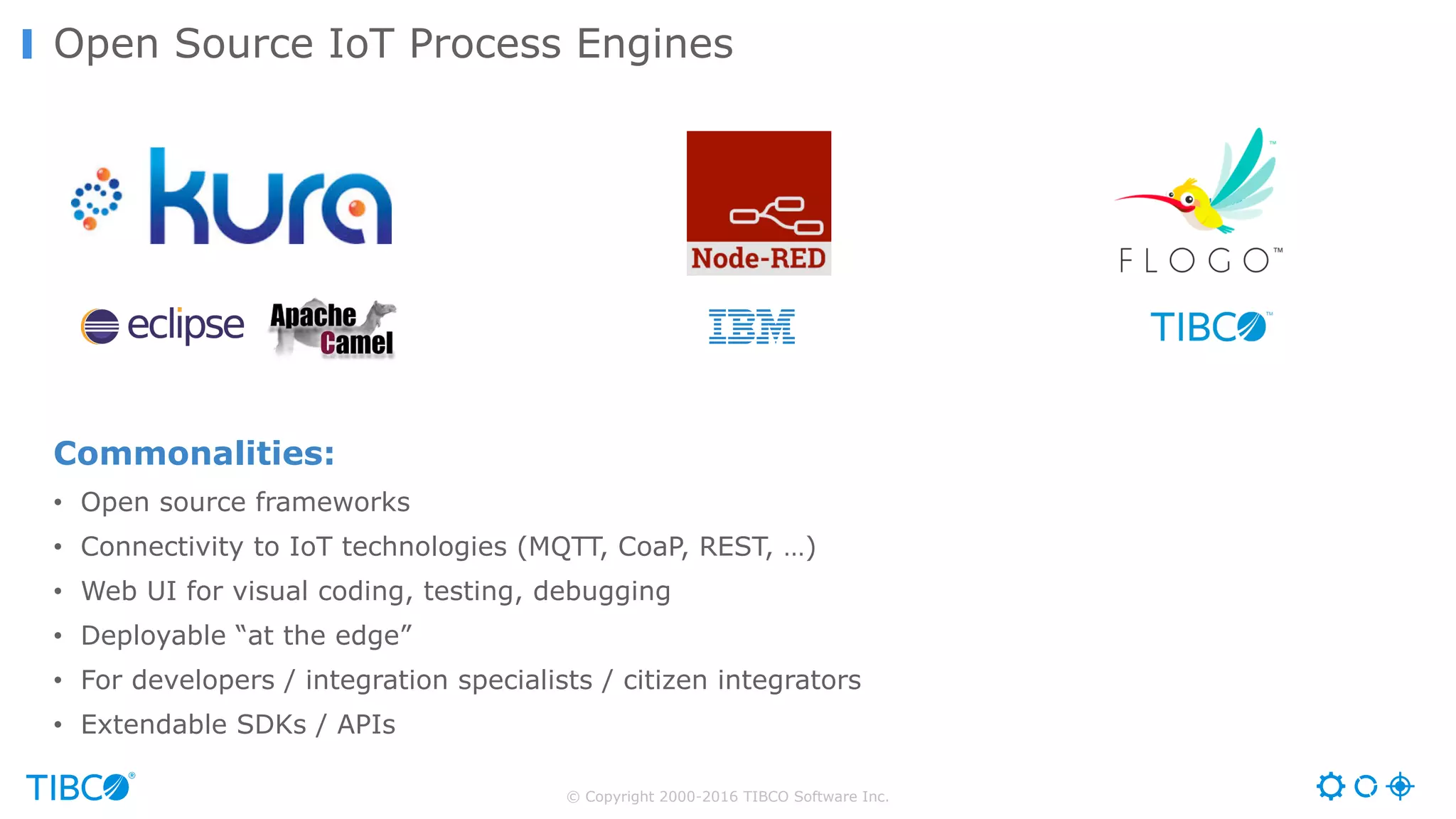 © Copyright 2000-2016 TIBCO Software Inc. Commonalities: • Open source frameworks • Connectivity to IoT technologies (MQTT, CoaP, REST, …) • Web UI for visual coding, testing, debugging • Deployable “at the edge” • For developers / integration specialists / citizen integrators • Extendable SDKs / APIs Open Source IoT Process Engines 