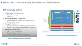 © Copyright 2000-2016 TIBCO Software Inc.
Eclipse Kura – Functionality Overview and Architecture
https://www.youtube.com/watch?v=ia8cLnR1uFI
http://www.slideshare.net/Eurotechchannel/kuram2miotgateway
 