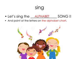 sing
• Let’s sing the _______________ SONG !!
• And point at the letters on the alphabet chart.
ALPHABET
 