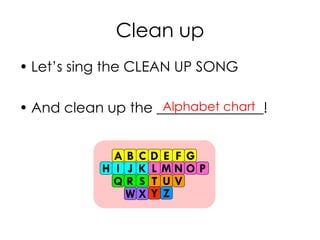 Clean up
• Let’s sing the CLEAN UP SONG
• And clean up the _______________!Alphabet chart
A B C D E F G
H I J K L M N O P
Q R S T U V
W X Y Z
 