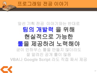 77
전공 공통
추천 강연
프로그래머에게 사랑 받는
게임 기획서 작성법
- 이상균 블루홀 디렉터
영상 : https://www.youtube.com/watch?v=seE5GcMOD_M
슬라이드 : http://www.slideshare.net/iyooha/20101002-53482961
 