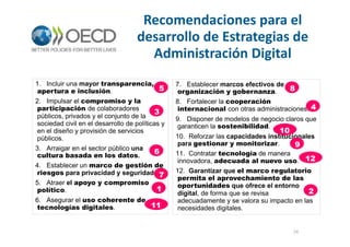 26
MINISTERIO
DE HACIENDA
Y ADMINISTRACIONES PÚBLICAS
Recomendaciones para el
desarrollo de Estrategias de
Administración Digital
1. Incluir una mayor transparencia,
apertura e inclusión.
2. Impulsar el compromiso y la
participación de colaboradores
públicos, privados y el conjunto de la
sociedad civil en el desarrollo de políticas y
en el diseño y provisión de servicios
públicos.
3. Arraigar en el sector público una
cultura basada en los datos.
4. Establecer un marco de gestión de
riesgos para privacidad y seguridad.
5. Atraer el apoyo y compromiso
político.
6. Asegurar el uso coherente de
tecnologías digitales.
7. Establecer marcos efectivos de
organización y gobernanza.
8. Fortalecer la cooperación
internacional con otras administraciones.
9. Disponer de modelos de negocio claros que
garanticen la sostenibilidad.
10. Reforzar las capacidades institucionales
para gestionar y monitorizar.
11. Contratar tecnología de manera
innovadora, adecuada al nuevo uso.
12. Garantizar que el marco regulatorio
permita el aprovechamiento de las
oportunidades que ofrece el entorno
digital, de forma que se revisa
adecuadamente y se valora su impacto en las
necesidades digitales.
1
3
2
4
5
6
7
8
9
10
11
12
 