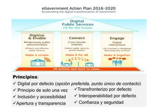 27
MINISTERIO
DE HACIENDA
Y ADMINISTRACIONES PÚBLICAS
Principios:
 Digital por defecto (opción preferida, punto único de contacto)
 Principio de solo una vez
 Inclusión y accesibilidad
Apertura y transparencia
Transfronterizo por defecto
 Interoperabilidad por defecto
 Confianza y seguridad
 