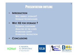 PRESENTATION OUTLINE
•  INTRODUCTION
WHY ENERGY STORAGE?
STORAGE TECHNOLOGIES
•  WHY H2 FOR STORAGE ?
POTENTIAL CUSTOMERS
ANALYSIS OF THE COSTS
HYDROGEN SAFETY
HYDROGEN PRODUCTION
•  CONCLUSIONS
2
H2Net
P. Hendrick
G. Oliveira Silva
01st December 2016
 