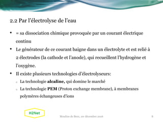 2.2 Par l’électrolyse de l’eau
• = sa dissociation chimique provoquée par un courant électrique
continu
• Le générateur de ce courant baigne dans un électrolyte et est relié à
2 électrodes (la cathode et l’anode), qui recueillent l’hydrogène et
l’oxygène.
• Il existe plusieurs technologies d’électrolyseurs:
o La technologie alcaline, qui domine le marché
o La technologie PEM (Proton exchange membrane), à membranes
polymères échangeuses d’ions
8Moulins de Beez, 1er décembre 2016
 