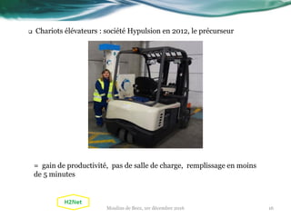  Chariots élévateurs : société Hypulsion en 2012, le précurseur
= gain de productivité, pas de salle de charge, remplissage en moins
de 5 minutes
16Moulins de Beez, 1er décembre 2016
 