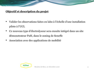 Objectif et description du projet
• Valider les observations faites en labo à l’échelle d’une installation
pilote à l’UCL
• Ce nouveau type d’électrolyseur sera ensuite intégré dans un site
démonstrateur P2H, dans le zoning de Seneffe
• Association avec des applications de mobilité
Moulins de Beez, 1er décembre 2016 4
 
