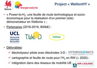 Project « WallonHY »
• « Power-to-H2: une feuille de route technologique et socio-
économique pour la réalisation d'un premier (site)
démonstrateur en Wallonie » ;
• Partenaires (2016-2019, 800k€) :
• Délivrables:
 électrolyseur pilote avec électrodes 3-D ;
 cartographie et feuille de route pour l’H2 en RW ( 2020) ;
 intégration dans des réseaux de mobilité UE ;
 