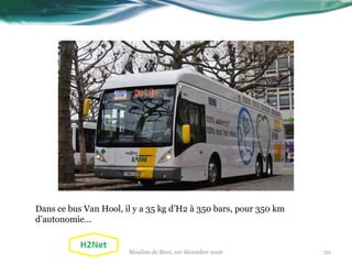 Dans ce bus Van Hool, il y a 35 kg d’H2 à 350 bars, pour 350 km
d’autonomie…
20Moulins de Beez, 1er décembre 2016
 
