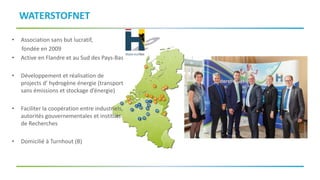 WATERSTOFNET
• Association sans but lucratif,
fondée en 2009
• Active en Flandre et au Sud des Pays-Bas
• Développement et réalisation de
projects d’ hydrogène énergie (transport
sans émissions et stockage d’énergie)
• Faciliter la coopération entre industriels,
autorités gouvernementales et instituts
de Recherches
• Domicilié à Turnhout (B)
 