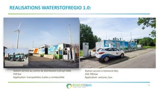 4
REALISATIONS WATERSTOFREGIO 1.0:
Station service à Helmond (NL)
350-700 bar
Application: voitures, bus
Station service au centre de distribution Colruyt Halle
350 bar
Application: transpalettes à piles a combustible
 