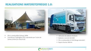 5
REALISATIONS WATERSTOFREGIO 1.0:
 Pile à combustible (Solvay) 1MW
 Transforme l'hydrogène (H2) coproduite par l'usine de
Solvay (chlore) en électricité.
 Véhicules de collecte d’ordures
 Batterie Li-ion de 144 kWh
 Pile a combustible 32 kW (Range extender)
 Rayon d’action 360 km
 