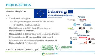 6
PROJETS ACTUELS
WaterstofRegio 2.0
Partners
Cofinanced by:
e.a.
• 2 stations d’ hydrogène
– à Wilrijk/Antwerpen, incinération des déchets
– à Breda (NL), électricité solaire
• Élaboration de la station Colruyt/Halle pour le
ravitaillement à l’ intérieur
• Station mobile à 350 bar pour faire des démonstrations
• Démonstration de 75 transpalettes chez Colruyt
• Développement et démonstration d’un camion de 40
tonnes roulant à l’ hydrogène.
Cluster “Platform power to gas”
 