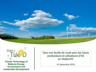 Cluster Technology of
Wallonia Energy,
Environment and
sustainable Development
Vers une feuille de route pour les futurs
producteurs et utilisateurs d’H2
en WallonHY
01 décembre 2016
 