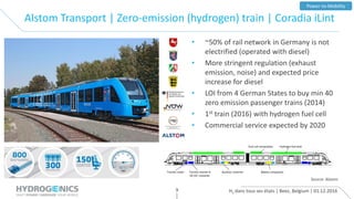 H2 dans tous ses états | Beez, Belgium | 01.12.20169
Power-to-Mobility
Alstom Transport | Zero-emission (hydrogen) train | Coradia iLint
Source: Alstom
• ~50% of rail network in Germany is not
electrified (operated with diesel)
• More stringent regulation (exhaust
emission, noise) and expected price
increase for diesel
• LOI from 4 German States to buy min 40
zero emission passenger trains (2014)
• 1st train (2016) with hydrogen fuel cell
• Commercial service expected by 2020
 
