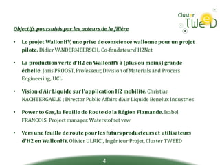 4
Objectifs	poursuivis	par	les	acteurs	de	la	filière
• Le	projet	WallonHY,	une	prise	de	conscience	wallonne	pour	un	projet	
pilote.	Didier	VANDERMEERSCH,	Co-fondateur	d'H2Net
• La	production	verte	d'H2	en	WallonHY à	(plus	ou	moins)	grande	
échelle.	Joris	PROOST,	Professeur,	Division	of	Materials and	Process
Engineering,	UCL
• Vision	d'Air	Liquide	sur	l'application	H2	mobilité.	Christian	
NACHTERGAELE	;	Director Public	Affairs d'Air	Liquide	Benelux	Industries
• Power	to	Gas,	la	Feuille	de	Route	de	la	Région	Flamande.	Isabel	
FRANCOIS,	Project	manager,	Waterstofnet vzw
• Vers	une	feuille	de	route	pour	les	futurs	producteurs	et	utilisateurs	
d'H2	en	WallonHY.	Olivier	ULRICI,	Ingénieur	Projet,	Cluster	TWEED
 