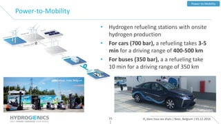 H2 dans tous ses états | Beez, Belgium | 01.12.201615
Power-to-Mobility
Power-to-Mobility
Example: Toyota MIRAI
• Hydrogen refueling stations with onsite
hydrogen production
• For cars (700 bar), a refueling takes 3-5
min for a driving range of 400-500 km
• For buses (350 bar), a a refueling take
10 min for a driving range of 350 km
HRS Colruyt, Halle, Belgium
 