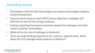 H2 dans tous ses états | Beez, Belgium | 01.12.201621
Concluding remarks
• Electrolysers and fuel cells technologies are mature technologies ready for
market introduction
• If governments want to meet COP21 (Paris) objectives, hydrogen will
definitely be part of the energy landscape
• Existing regulating framework should be adapted for hydrogen and other
‘sector coupling’ technologies
• What will be the role of hydrogen in Wallonia?
• There are large funding programs at EU, national, regional levels. What
about the first hydrogen demo projects in Wallonia?
 