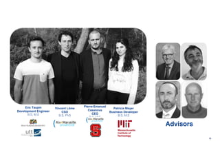 Eric Taupin
Development Engineer
B.S, M.S
Vincent Lôme
CSO
B.S, PhD
Pierre-Emanuel
Casanova
CEO
B.S, M.S
Patricia Mayer
Business Developer
B.S, M.S
Advisors
12
 