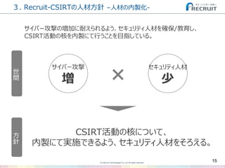 (C) Recruit Technologies Co.,Ltd. All rights reserved.
３. Recruit-CSIRTの人材方針 –人材の内製化-
15
サイバー攻撃の増加に耐えられるよう、セキュリティ人材を確保/教育し、
CSIRT活動の核を内製にて行うことを目指している。
世
間
サイバー攻撃
増
セキュリティ人材
少
方
針
CSIRT活動の核について、
内製にて実施できるよう、セキュリティ人材をそろえる。
 
