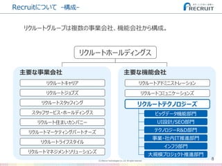 (C) Recruit Technologies Co.,Ltd. All rights reserved.
8
Recruitについて -構成-
リクルートグループは複数の事業会社、機能会社から構成。
リクルートホールディングス
リクルートキャリア
リクルート住まいカンパニー
リクルートライフスタイル
リクルートジョブズ
リクルートスタッフィング
リクルートマーケティングパートナーズ
スタッフサービス・ホールディングス
リクルートマネジメントソリューションズ
リクルートテクノロジーズ
リクルートアドミニストレーション
リクルートコミュニケーションズ
主要な事業会社 主要な機能会社
ビッグデータ機能部門
UI設計/SEO部門
テクノロジーR&D部門
事業・社内IT推進部門
インフラ部門
大規模プロジェクト推進部門
 