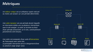 Un	visiteur	unique	est	un	utilisateur	ayant	exécuté	
au	moins	une	session	sur	une	période	déterminée.	
Une	visite	(session) est	une	période	durant	laquelle	
un	internaute	réalise	une	ou	plusieurs	interactions	
avec	le	site	analysé.	La	visite	se	termine	au	bout	
d’une	période	d’inactivité	sur	le	site,	communément	
paramétrée	à	30	minutes.
Une	visite	est	composée	d’une	suite	d’interactions
de	l’internaute	avec	votre	site.
La	principale	interaction	sera	le	chargement	d’une	
ou	plusieurs	page	(page	vues).
Session	#1.	 Session	#2.	
Visiteur	#1
Page	vue Action Action Action
Métriques
 