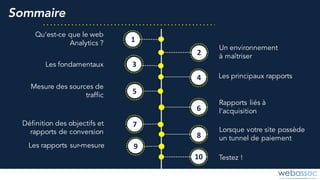Qu’est-ce que le web
Analytics ? 1
3
5
7
2
4
6
Les fondamentaux
Mesure des sources de
traffic
Définition des objectifs et
rapports de conversion
Un environnement
à maîtriser
Les principaux rapports
Rapports liés à
l’acquisition
1
3
5
7
4
6
Sommaire
6
Lorsque votre site possède
un tunnel de paiement8
7Les rapports sur-mesure 9
6 Testez !8610
 