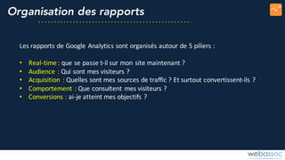 Organisation des rapports
Les	rapports	de	Google	Analytics sont	organisés	autour	de	5	piliers	:
• Real-time	:	que	se	passe	t-il	sur	mon	site	maintenant	?
• Audience	:	Qui	sont	mes	visiteurs	?
• Acquisition	 :	Quelles	sont	mes	sources	de	traffic ?	Et	surtout	convertissent-ils	?
• Comportement	:	Que	consultent	mes	visiteurs	?
• Conversions	:	ai-je	atteint	mes	objectifs	?
 