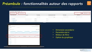 Préambule : fonctionnalités autour des rapports
• Dimension	secondaire
• Paramètre	de	tri
• Moteur	de	filtre
• Option	du	graphique
 