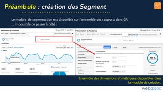 Préambule : création des Segment
Le	module	de	segmentation	est	disponible	sur	l’ensemble	des	rapports	dans	GA
…	impossible	de	passer	à	côté	!
Ensemble	des	dimensions	et	métriques	disponibles	dans	
la	module	de	création.
 